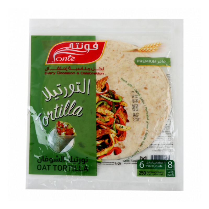 Fonte Oat Tortilla 8-Inch – 6 PCS 250G, healthy, and perfect for wraps.