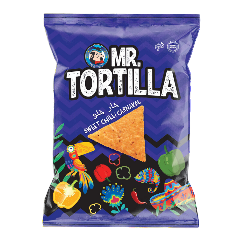 Mr.Chips Tortilla Corn Chips Sweet Chilli Carnaval – 75g ,Crispy, sweet, and spicy snack.