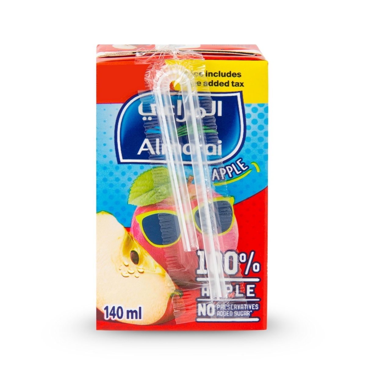Almarai apple juice box with straws on a white background