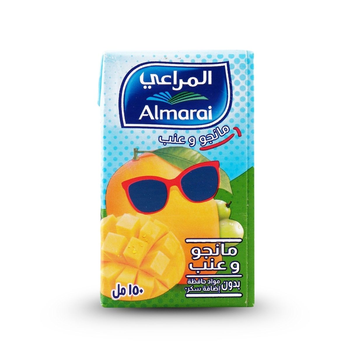 Almarai mango and cherry juice box with a mango character wearing sunglasses on a white background