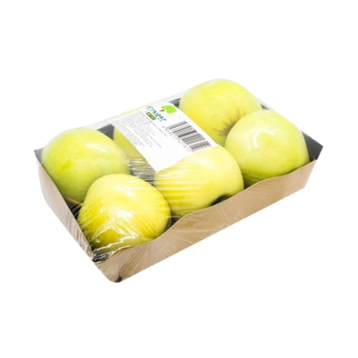 Pack of green apples in a cardboard box on a white background