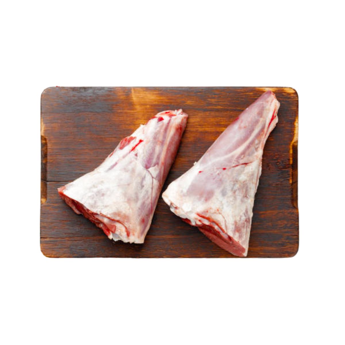 Two raw Australian Lamb Shank, 1kg on a wooden cutting board with a white background