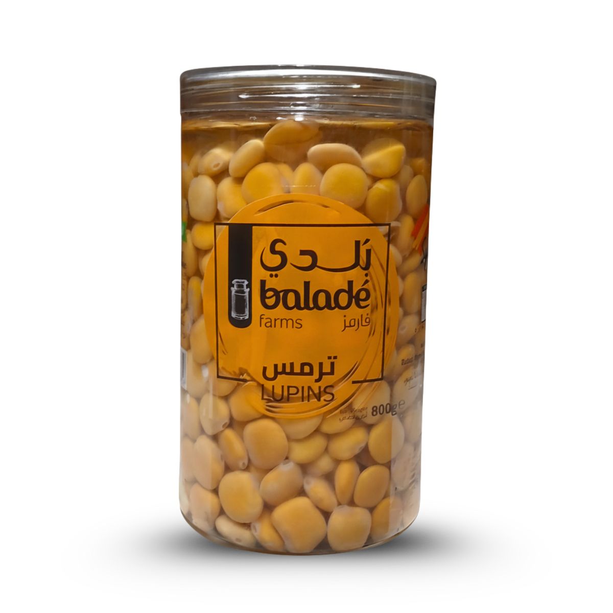 Jar of lupins with Balade Farms label on a white background