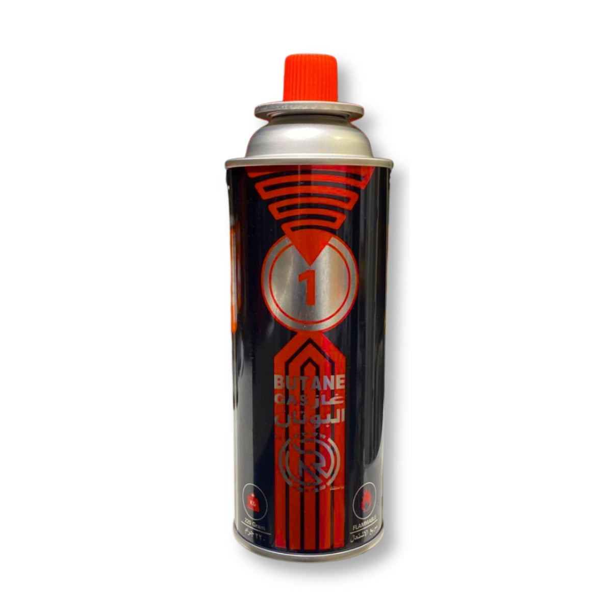 Can of butane gas on a white background