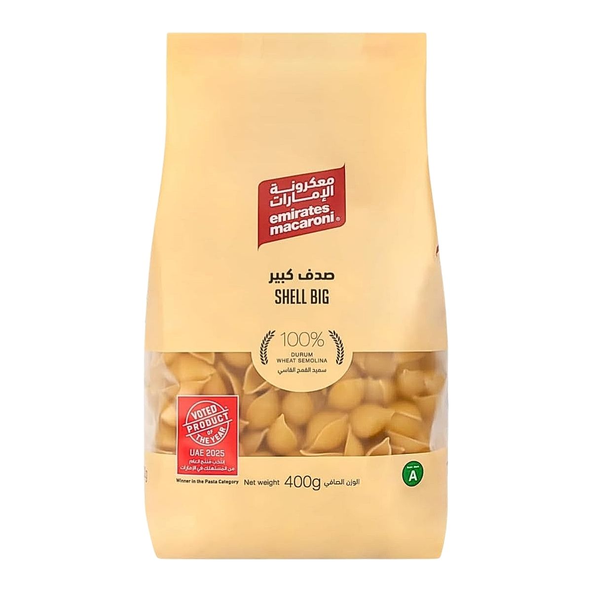 Packaged Emirates Macaroni Shell Big 400g on a white background