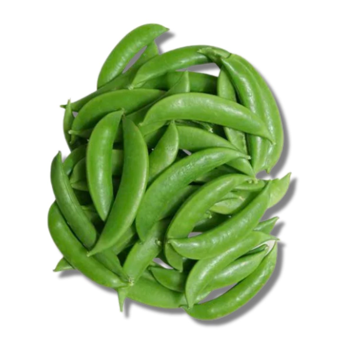 Green peas arranged in a circular pattern on a white background