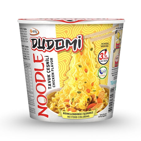 Cup of Dudomi noodle with chicken flavor on a white background