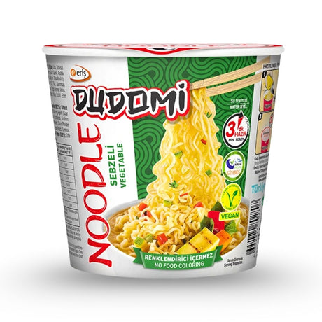 Cup of Dudomi vegetable noodles with packaging details on a white background