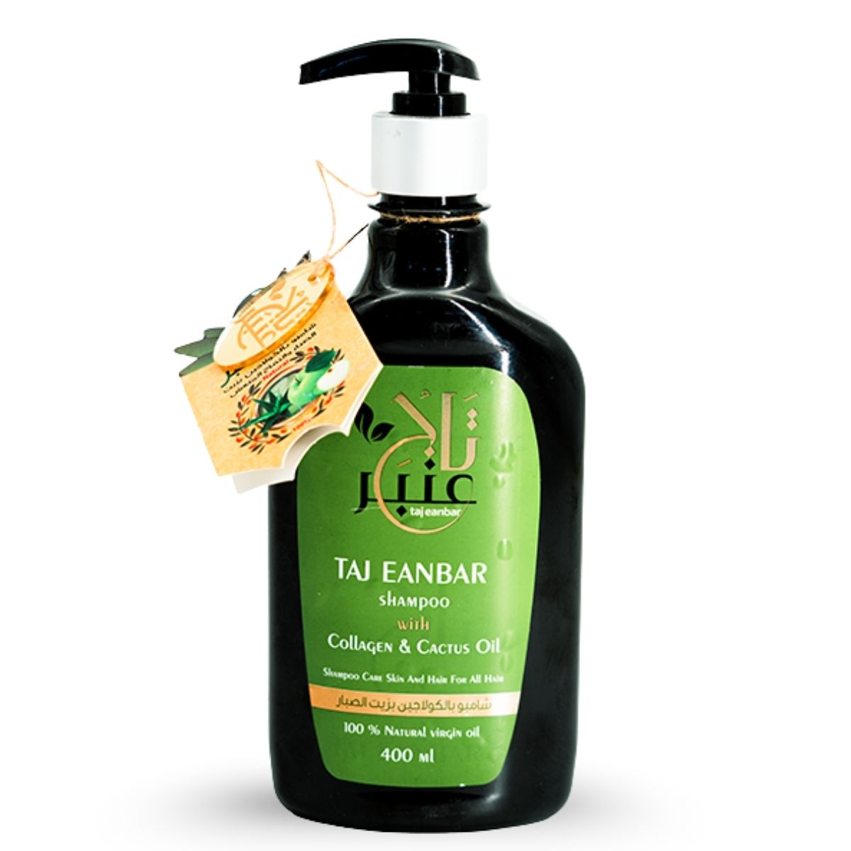 Bottle of Taj Eanbar shampoo with a green label on a white background