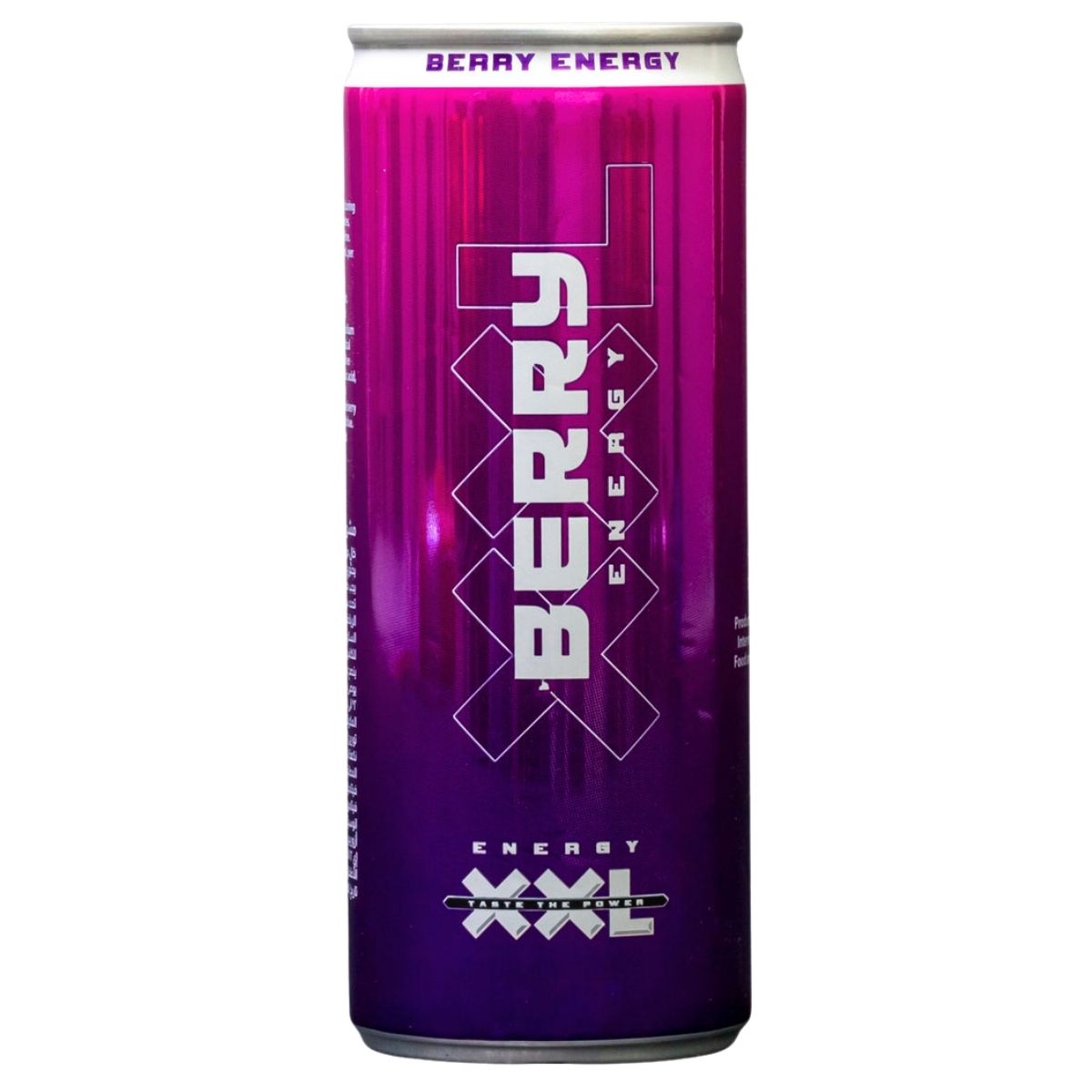 Purple XxL Energy Drink Berry Flavoured, 250ml can with branding on a white background
