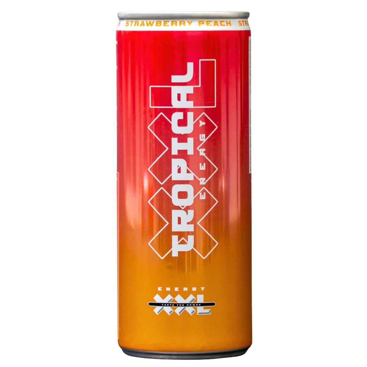 XxL Tropical Energy Drink Strawberry And Peach, 250ml can with red and orange gradient on a white background