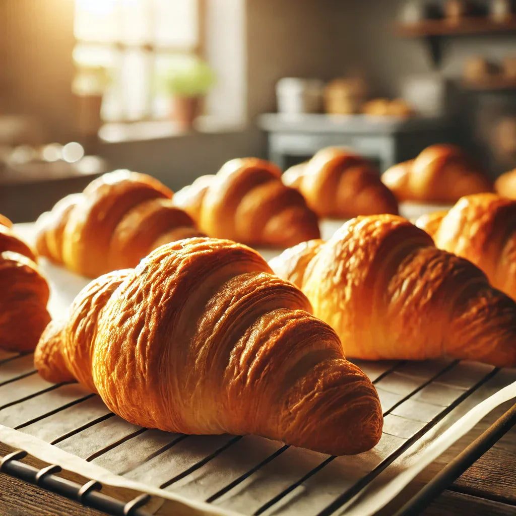 "A close-up of golden, freshly baked croissants cooling on a baking rack in a cozy kitchen. The sunlight streams through a window in the background, highlighting the flaky layers of the croissants."