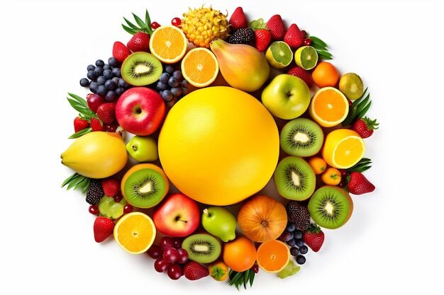 "A colorful assortment of fresh fruits including strawberries, oranges, bananas, and apples arranged beautifully on a wooden table.