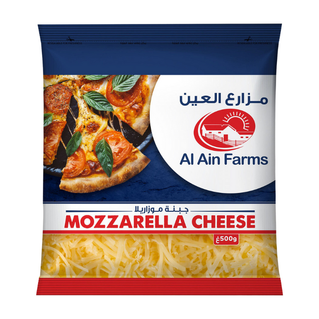Al Ain Farms Mozzarella Cheese – 500g – Creamy, stretchy cheese for pizzas & cooking.