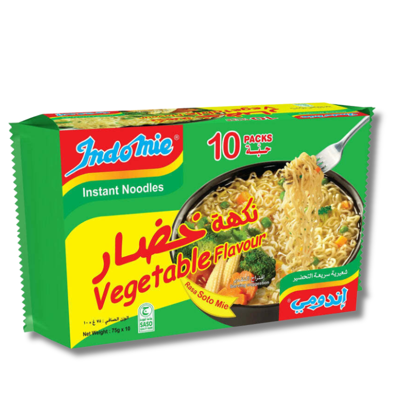 Indomie  Instant Noodles Vegetable Flavour (10 pcs x 75g) pack with aromatic spices and savory broth.