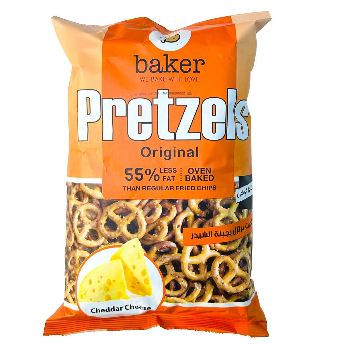 :Baker Pretzels Cheddar Cheese Flavor 270g bag, showcasing the crunchy pretzels coated in rich, creamy cheddar cheese. Perfect for snacking and sharing."