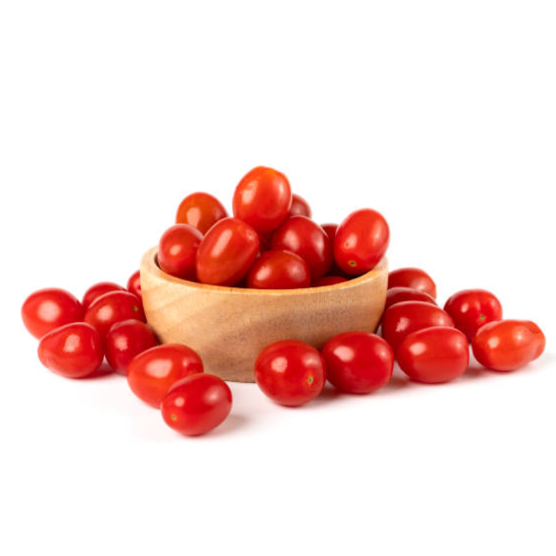 Fresh bunch of vibrant, organic cherry tomatoes with a rich red color.