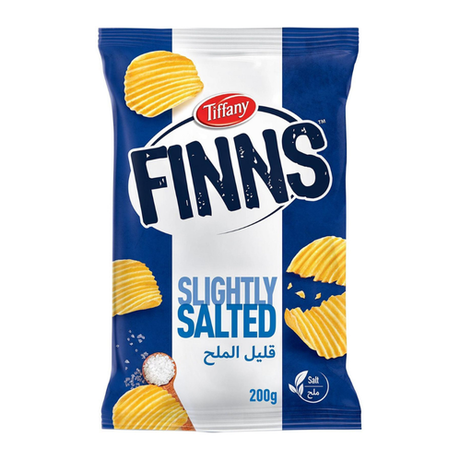 Tiffany Finns Slightly Salted Chips (85g), featuring simple yet elegant packaging with golden chips on display.