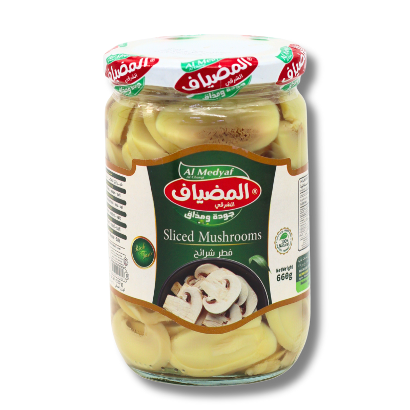 Al Medyaf Sliced Mushroom 660g jar with high-quality pre-sliced mushrooms.