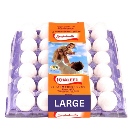 Khaleej White Eggs Large 30pcs pack for fresh, nutritious meals.