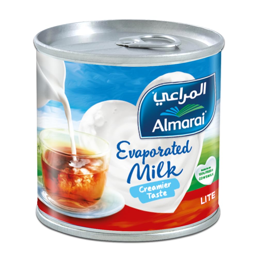 "Almarai Low Fat Evaporated Milk, 170 gm can, with creamy texture and low-fat content, ideal for cooking, baking, and beverages."