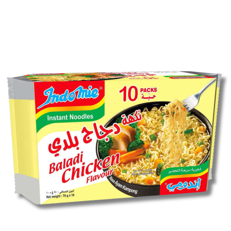 Indomie Instant Noodles Baladi Chicken Flavour (10 x 70g) pack with authentic chicken flavor