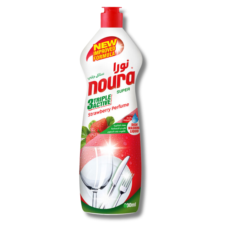 Noura Dishwashing Liquid Detergent Strawberry Perfume 800ml for effective cleaning with a delightful strawberry scent.