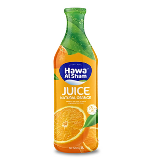 A 1-litre bottle of Hawa Al Sham Natural Orange Juice, featuring vibrant packaging with fresh orange imagery.