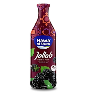 A 1-litre bottle of Hawa Al Sham Natural Jallab Juice, featuring elegant packaging with rich, traditional designs.