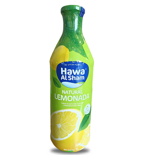 A 1-litre bottle of Hawa Al Sham Natural Lemonade Juice, featuring bright and citrusy packaging with fresh lemon imagery.