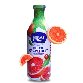 A 1-litre bottle of Hawa Al Sham Natural Grapefruit Juice, featuring vibrant packaging with fresh grapefruit imagery.