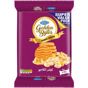 Packaging of Cremica Golden Bytes Cashew Cookies - 76gX8 branding on a purple background, UAE.