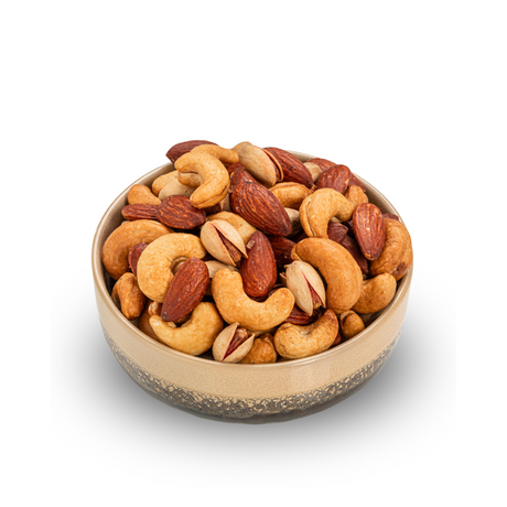 "A bag of premium mix nuts featuring almonds, cashews, walnuts, and pistachios, showcasing their fresh and crunchy texture, perfect for healthy snacking."