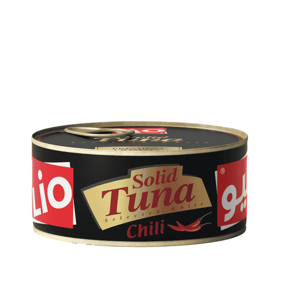 A can of Lio Solid Tuna Chilli 160g, showcasing premium tuna with a spicy chilli flavor, perfect for versatile meals.