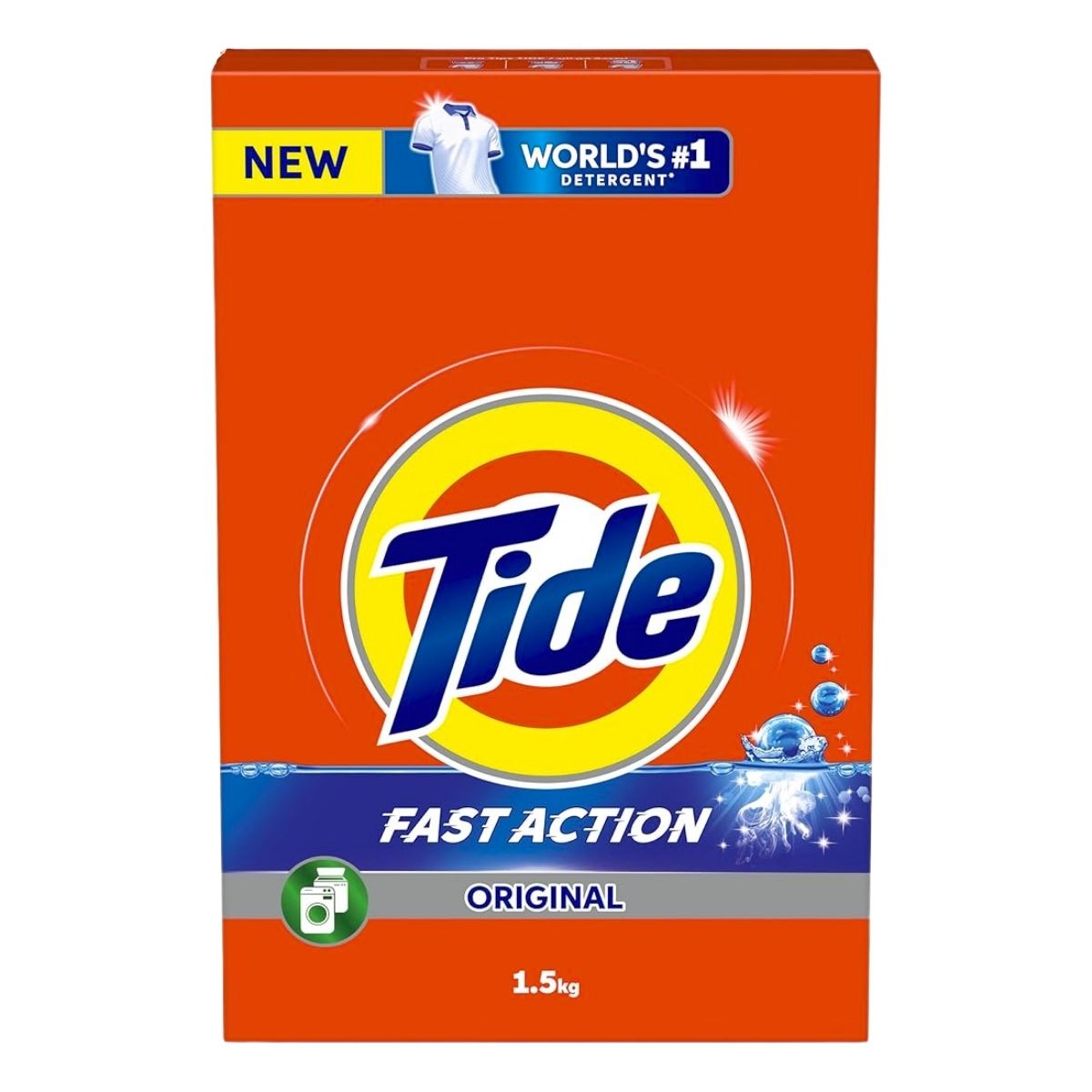 Tide detergent packaging with orange background and blue and yellow logo
