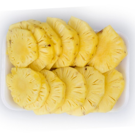 "fresh pineapple slices – a juicy, vibrant yellow piece of tropical fruit,"