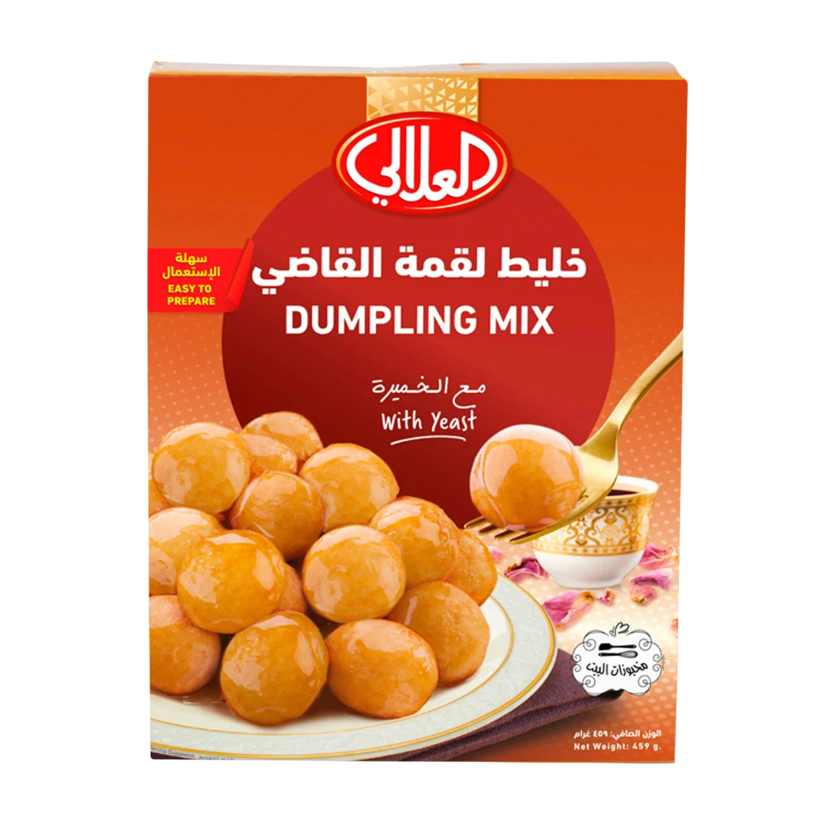 Box of Dumpling Mix with a spoonful of soup on a white background