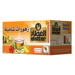 Alattar Zhourat Shamia tea packaging with branding and product imagery on an orange background