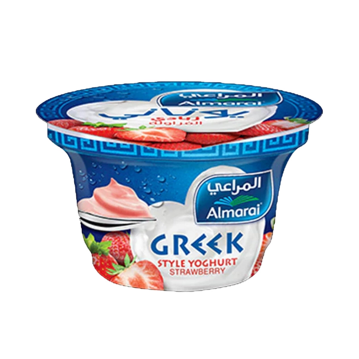 Almarai Greek Style Strawberry Yoghurt container on a white background