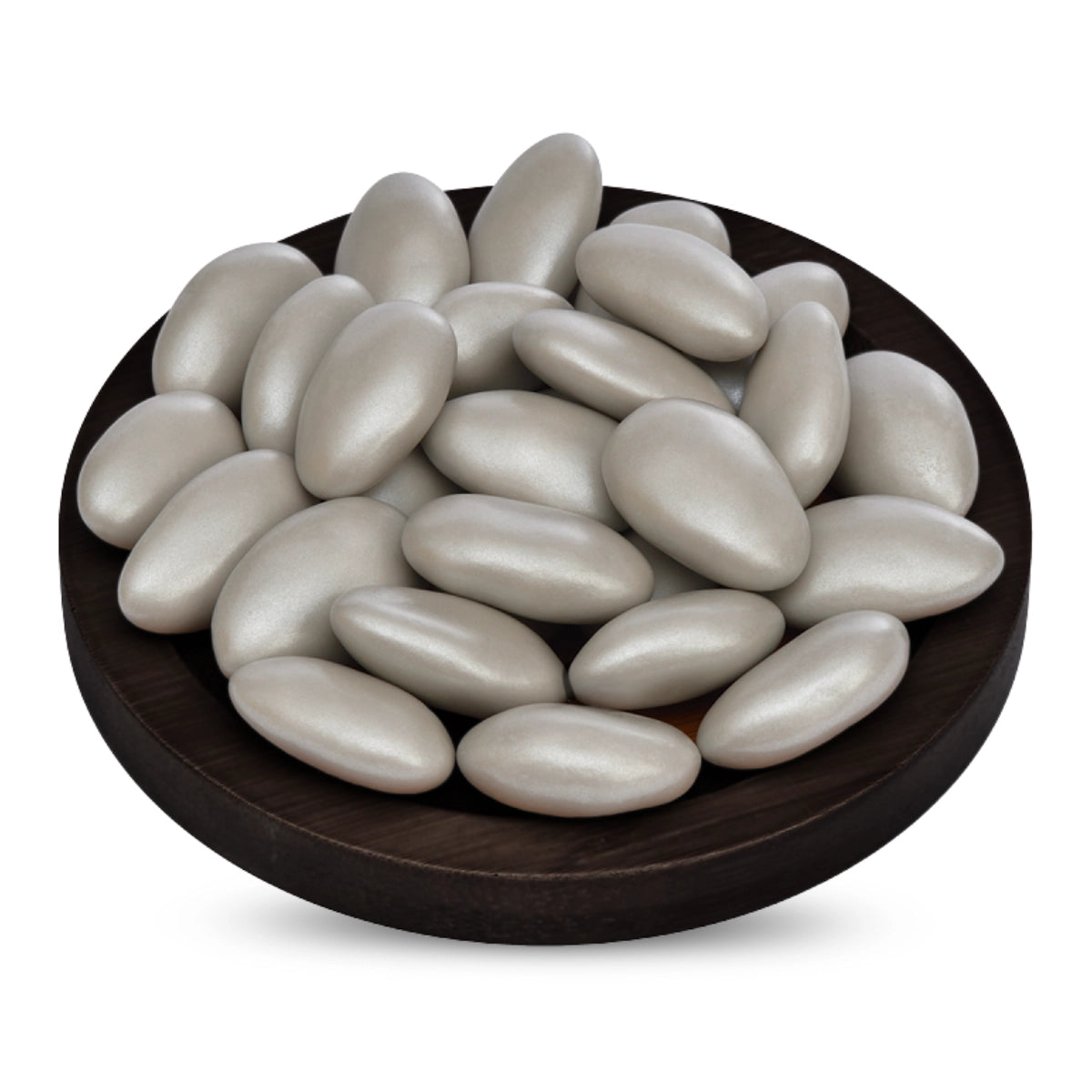 Almond Mlabbas Candy, Silver Metallic-250g features individual almonds each coated in a smooth, silver-colored layer.