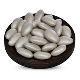 Almond Mlabbas Candy, Silver Metallic-250g features individual almonds each coated in a smooth, silver-colored layer.