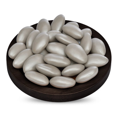 Almond Mlabbas Candy, Silver Metallic-250g features individual almonds each coated in a smooth, silver-colored layer.