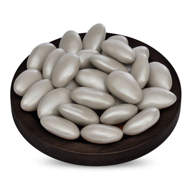 Almond Mlabbas Candy, Silver Metallic-250g features individual almonds each coated in a smooth, silver-colored layer.