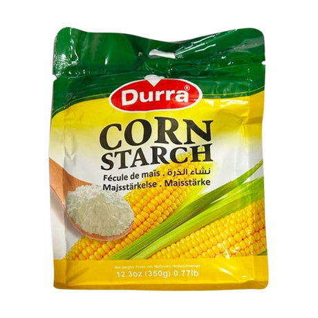 Packaging of Durra corn starch with corn and starch images on a white background