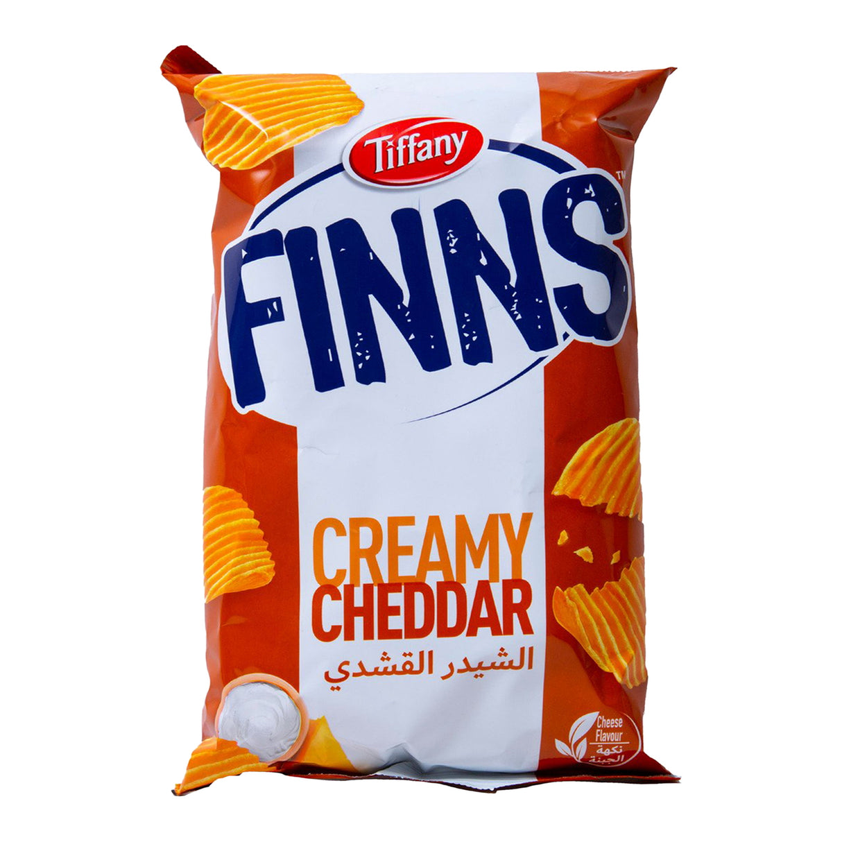 A pack of Tiffany Finns Creamy Cheddar Chips (85g), showcasing vibrant packaging and cheesy chip imagery.