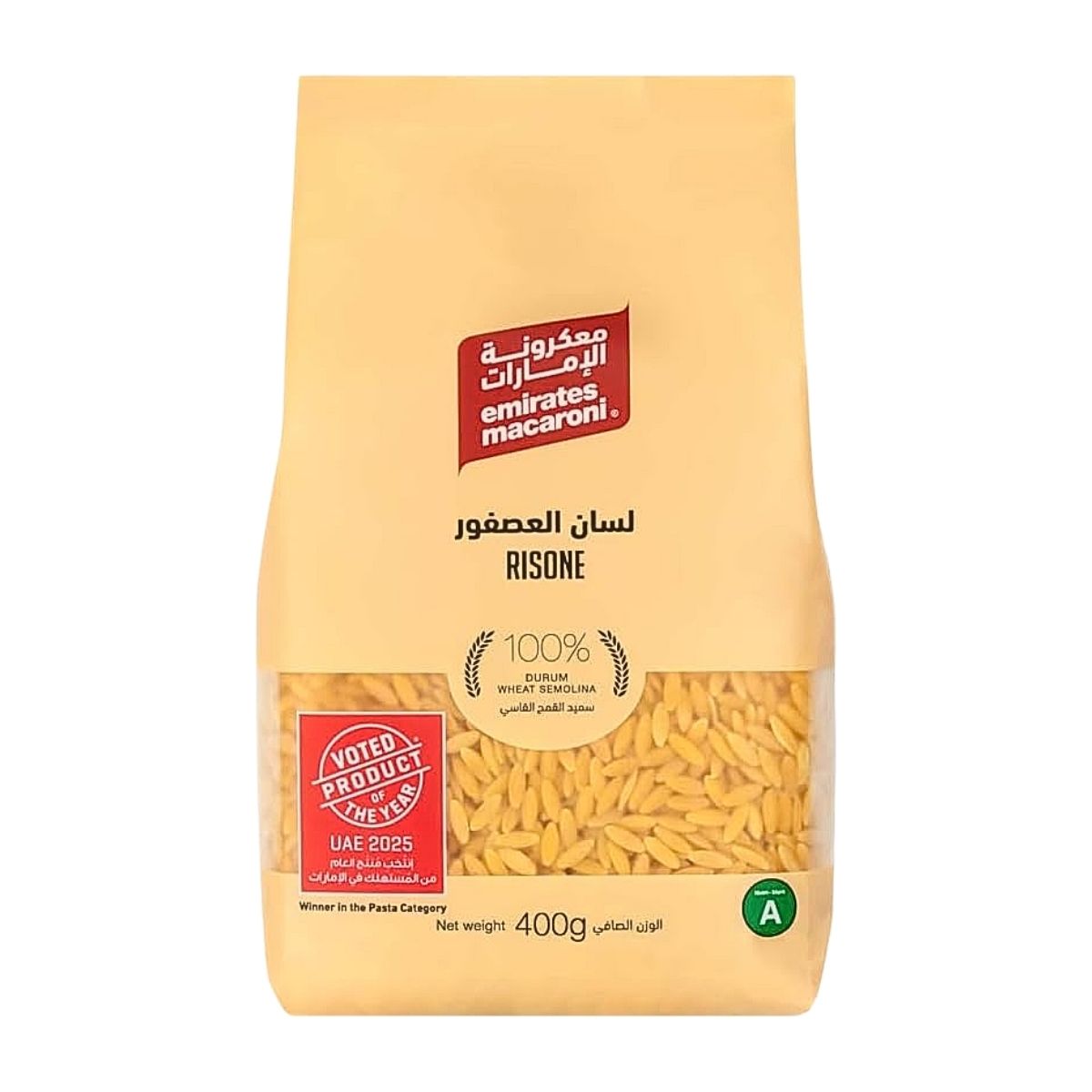 Packaging of Emirates Macaroni Risoni, 400g on a white background