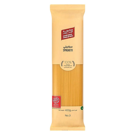 Package of Emirates Macaroni Spaghetti No.3, 400g on a white background