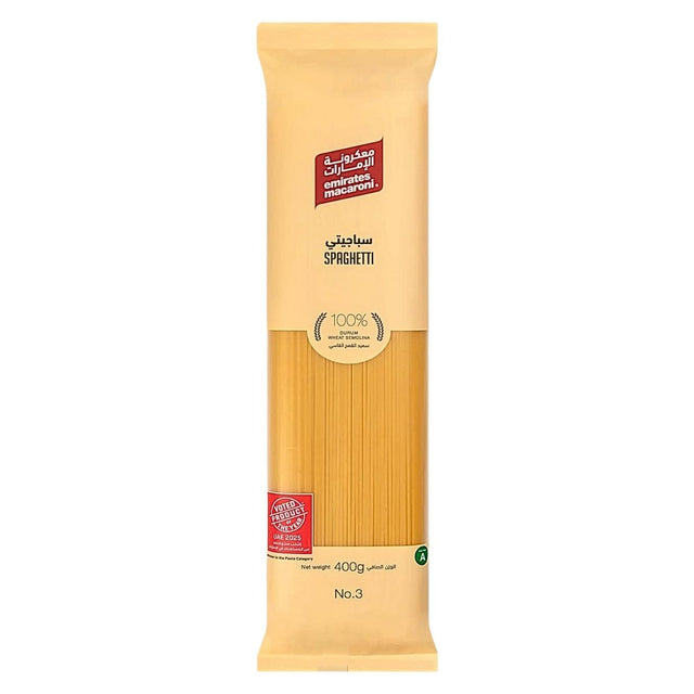 Package of Emirates Macaroni Spaghetti No.3, 400g on a white background