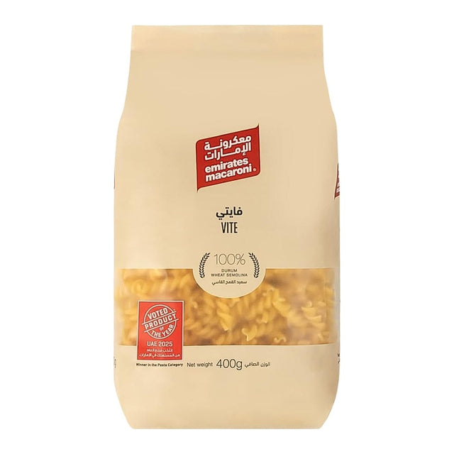 Pasta bag Emirates Macaroni Vite 400g on a white background