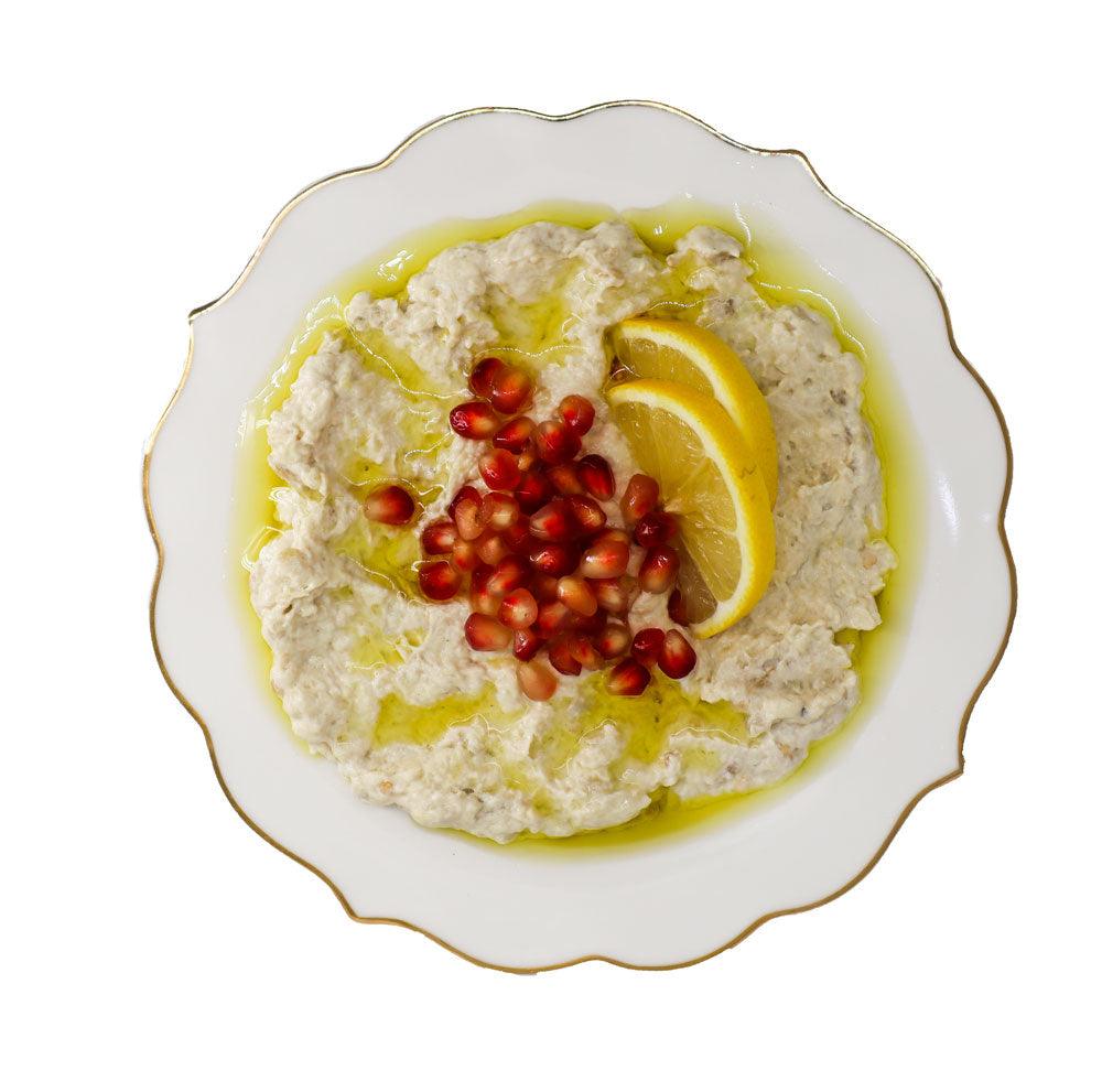 creamy Fresh Syrian Mutabal - 200g, a roasted eggplant dip perfect for spreading or dipping Free Delivery Across UAE.